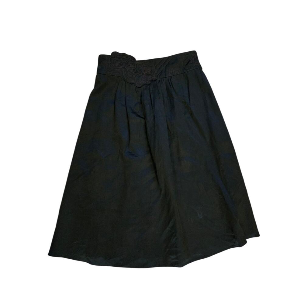 Sue Stemp Black Silk Embroidered Floral Y2K Designer A-Line Midi Skirt, Size 4